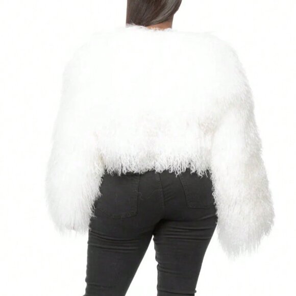 White Casual Women's Fluffy Soft Fuzzy Cropped Faux Fur Jacket - Picture 7 of 7